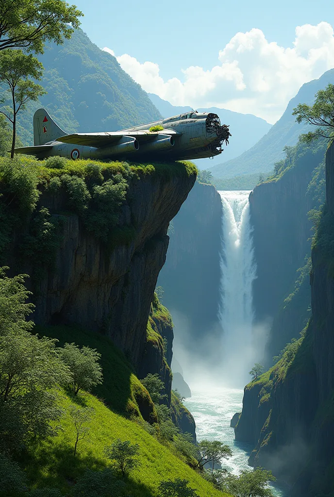 Sebuah bangkai wrecked plane di penuhi rumput hijau di atas tebing dekat air terjun,military aircraft,very steep waterfall,wrecked plane, The sky was blue ,trees,indonesia