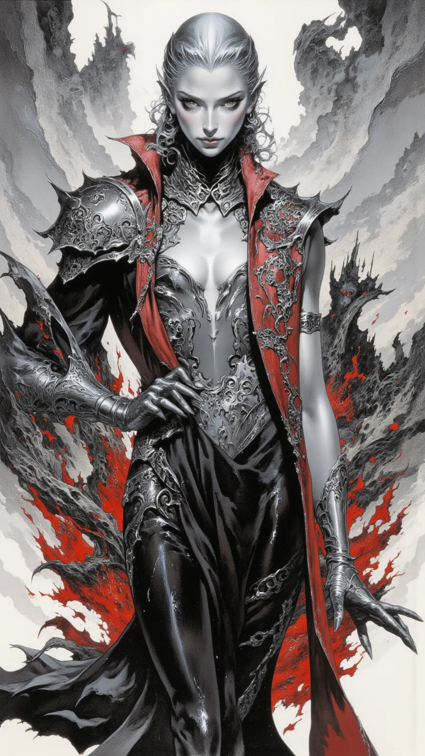 Female Knight，full body, A powerful sexy woman with a mysterious temperament {ten} Drawn by Wayne Reynolds，in a highly detailed and dynamic style, 