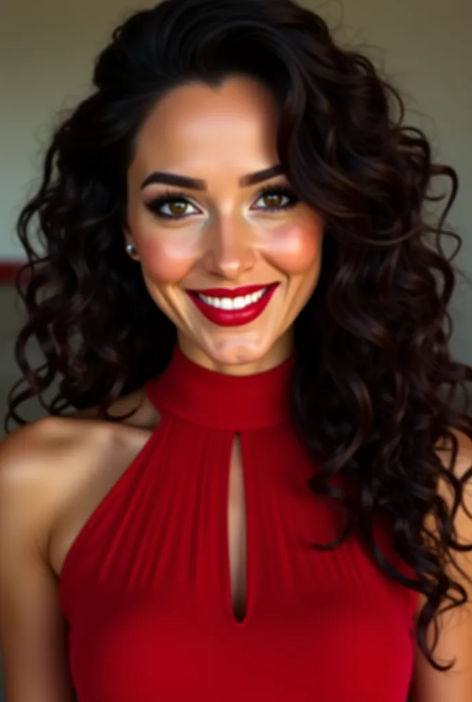  Very beautiful woman , with big expressive eyes, with black curly hair, in red, the tight dress smiles. 