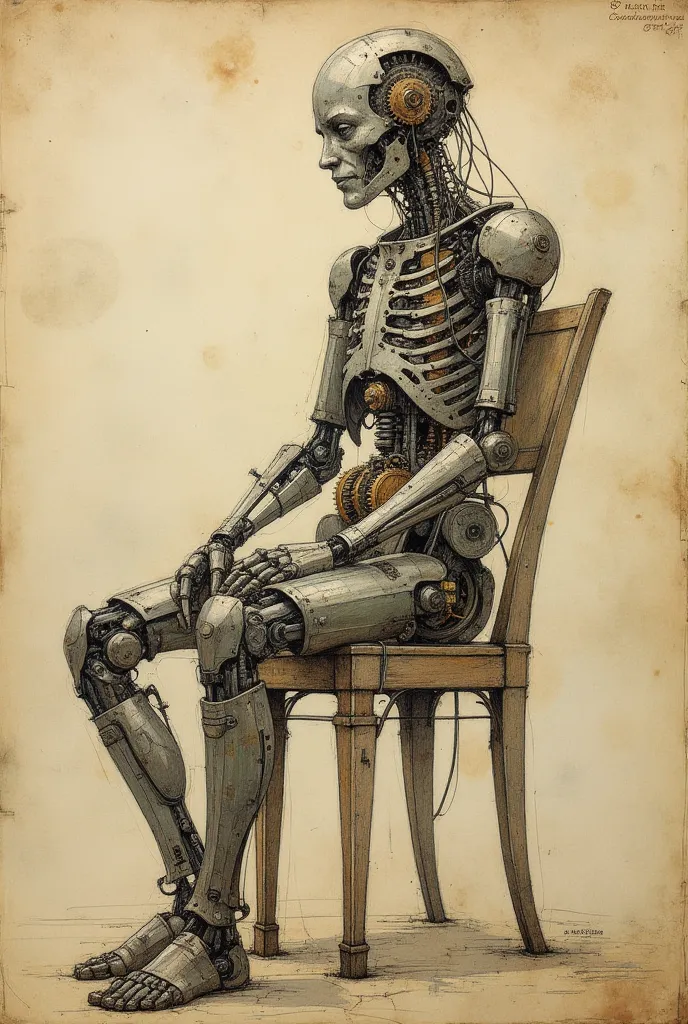 VintageSketch style, YFG-Asak, A Renaissance-style sketch of Leonardo da Vinciâs mechanical knight on parchment, a humanoid robot with a metallic frame, sitting in a chair. The design shows intricate gears and levers, with detailed anatomical proportions...