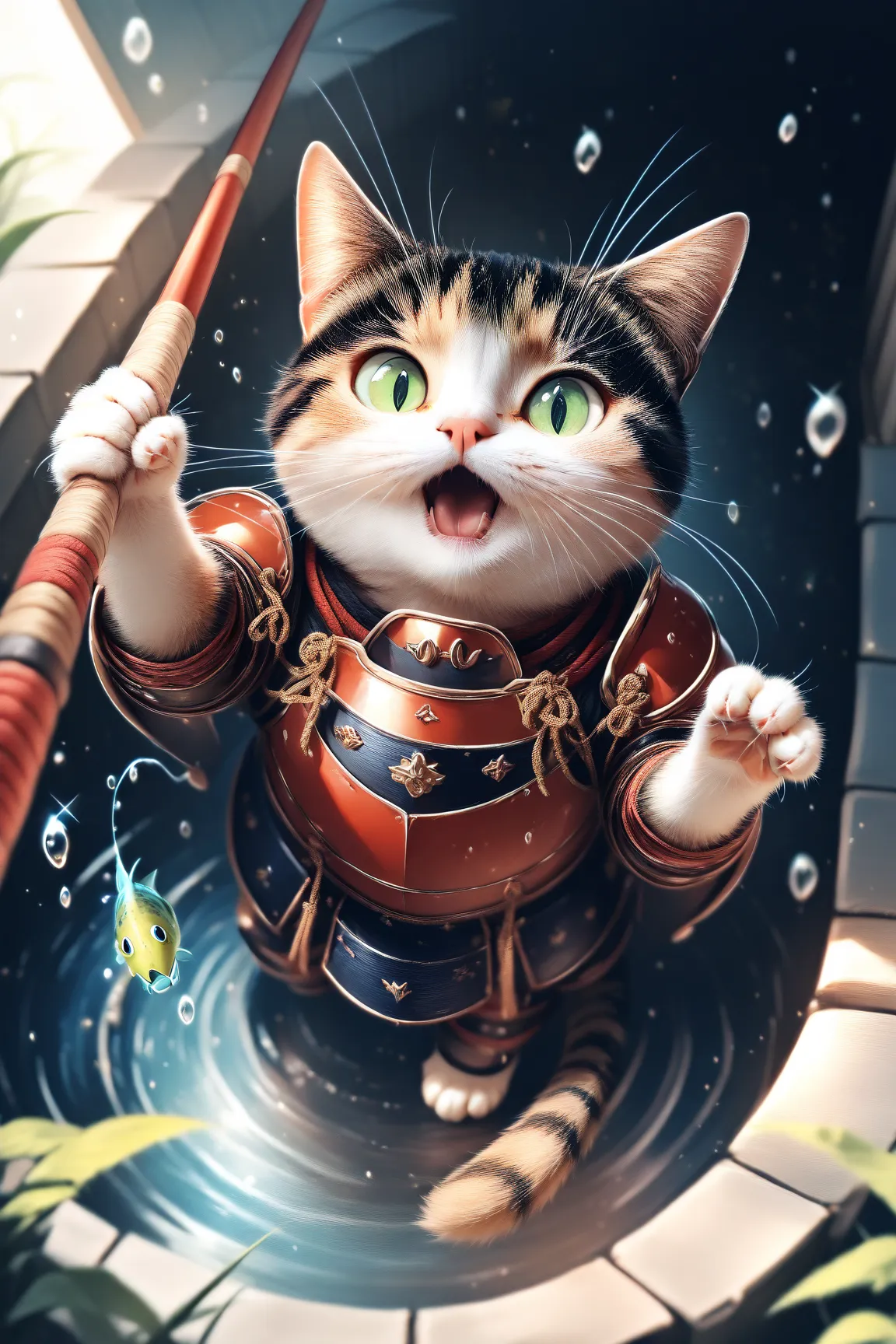 (masterpiece, best quality:1.2), animal focus, no humans, cat in samurai armor holding up a freshly caught fish triumphantly in one paw while the other holds a small fishing rod, open mouth as if cheering or meowing loudly at the viewer, vibrant green eyes...