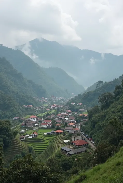 Foggy day in Banaue Rice Terraces, Ifugao town with a lot of middle class houses and some buildings such as hospitals and an hotel, in the background big forests fires spreading across to 10 mountains coming out on an mountain due to big forests fires