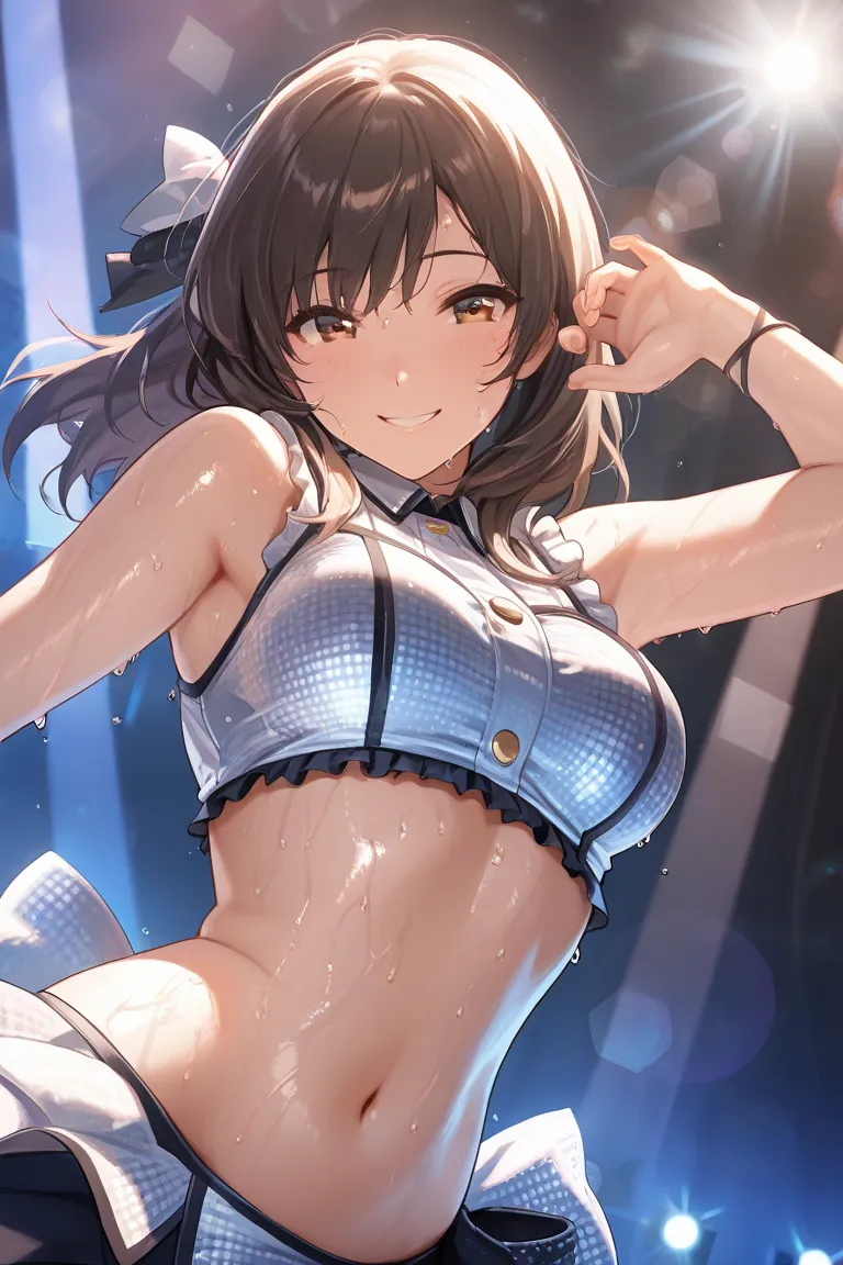 dutch angle, ,  (masterpiece , ultra detailed, best quality), solo,a girl,older sister, medium breasts, Idol, smile,  dancing, very hot ,very sweaty, sweatdrop, lens flare ,stage lights  ,    smiling at viewer, close-up, portrait, curvy, navel