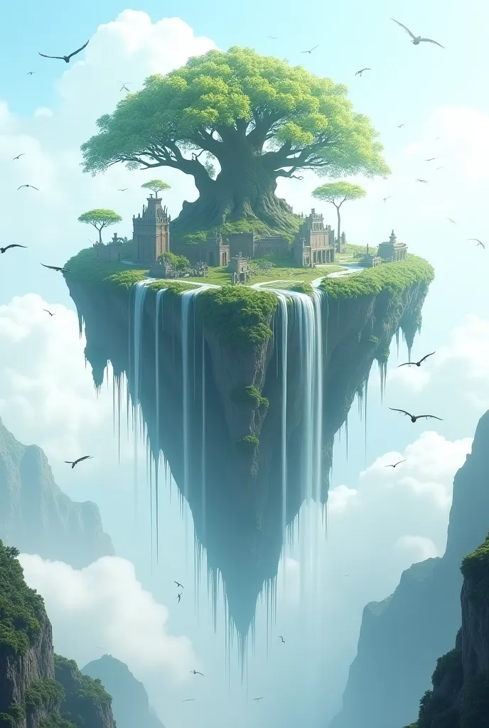 A floating island in the sky with a waterfall cascading into the void, surrounded by misty clouds and majestic birds. The 3D effect gives a breathtaking sense of floating and grandeur.”