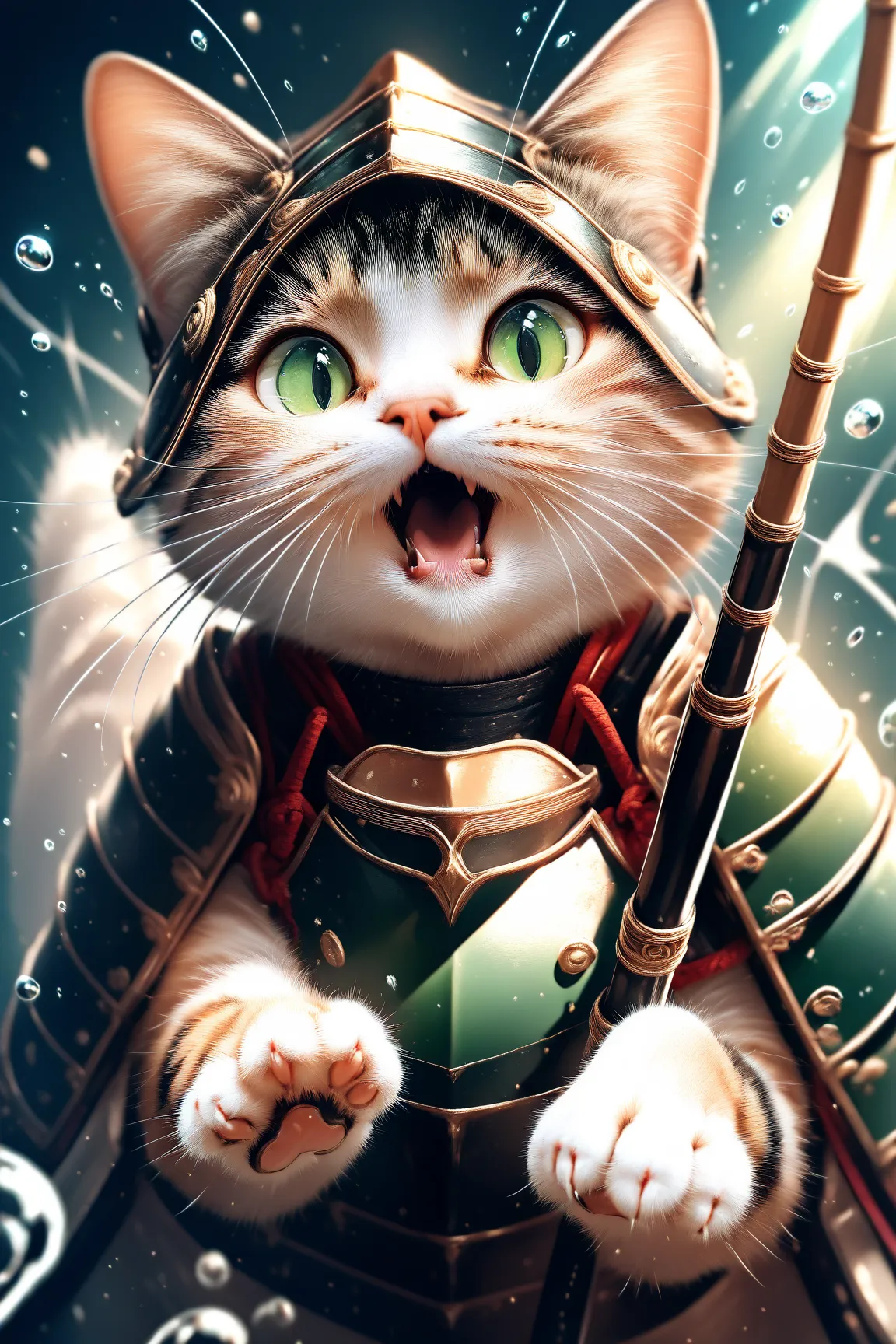 (masterpiece, best quality:1.2), animal focus, no humans, cat in samurai armor holding up a freshly caught fish triumphantly in one paw while the other holds a small fishing rod, open mouth as if cheering or meowing loudly at the viewer, vibrant green eyes...