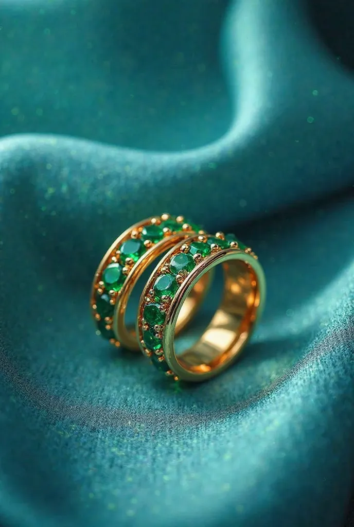 Pair of women's men's wedding rings, gold ring mix with colombian emerald gemstones, it's so beautiful, be on a beautiful sheet of blue silk fabric