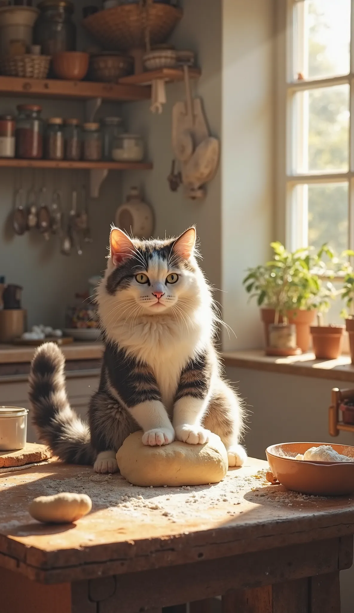 **"A fluffy and furry white and black cat, wearing a small apron , is in a cozy kitchen illuminated by the sun. He kneads bread dough with his legs on a floured wooden table, with a focused and determined expression. around, there are bowls with ingredient...