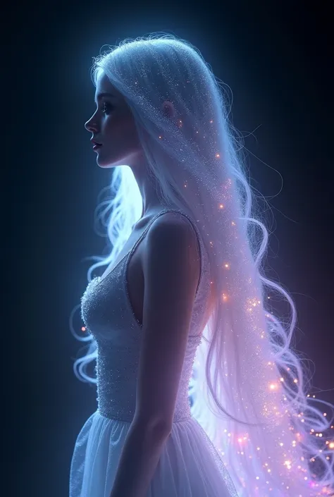 This is a digital artwork featuring the ethereal silhouette of a woman with long,flowing hair. The background is a deep,almost black void,which contrasts sharply with the luminescent,glowing hair that appears to be **** up of sparkling,iridescent particles...