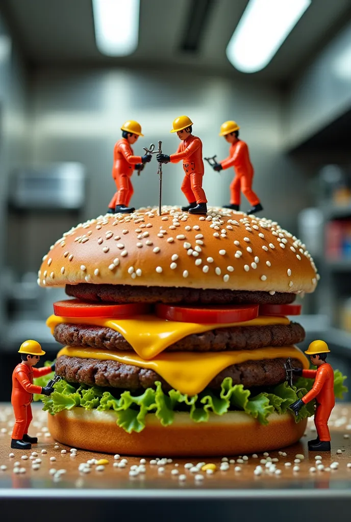 This is a highly creative and surreal image! It features tiny construction workers seemingly welding and assembling a giant cheeseburger in a restaurant kitchen. The scene blends realism with a playful fantasy element, making it look like the burger is bei...