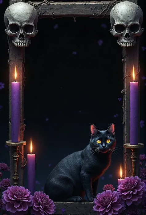 tarot card frame, rectangular black background, Side with black skull, black cat,  Yellow Eyes,dark purple candles, dark image , Realistic image, dark image