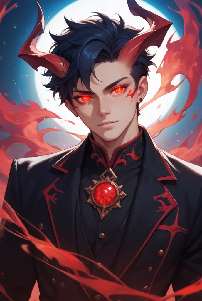 ⁦red aesthetic demon anime boy⁩ The character should exude a dark, mysterious energy, with elements like glowing eyes, shadowy features, or an ethereal mist surrounding him to emphasize his demonic nature