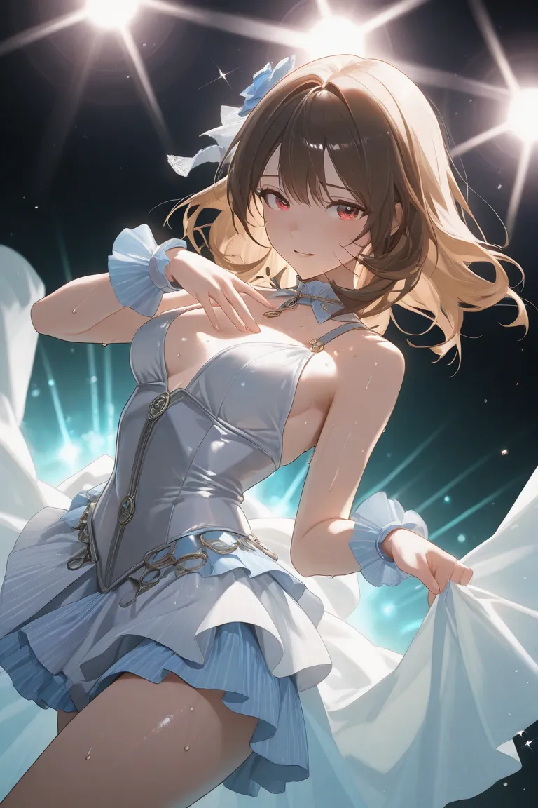 dutch angle, ,  (masterpiece , ultra detailed, best quality), solo,a girl,older sister, medium breasts, Idol, smile,  dancing, very hot ,very sweaty, sweatdrop, lens flare ,stage lights  ,   