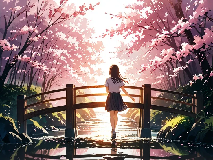 A Japanese Girl high school student was walking across the bridge. Among the Pink cherry blossoms, seen from the Back side Full body 
way to school 
Saw a house next to the river that had a leak.