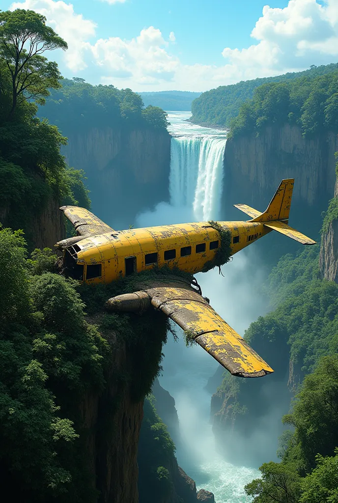 Sebuah bangkai broken plane berwarna kuning di penuhi rumput hijau di atas tebing dekat air terjun,helicopter aircraft,very steep waterfall,broken plane, The sky was blue ,trees,indonesia