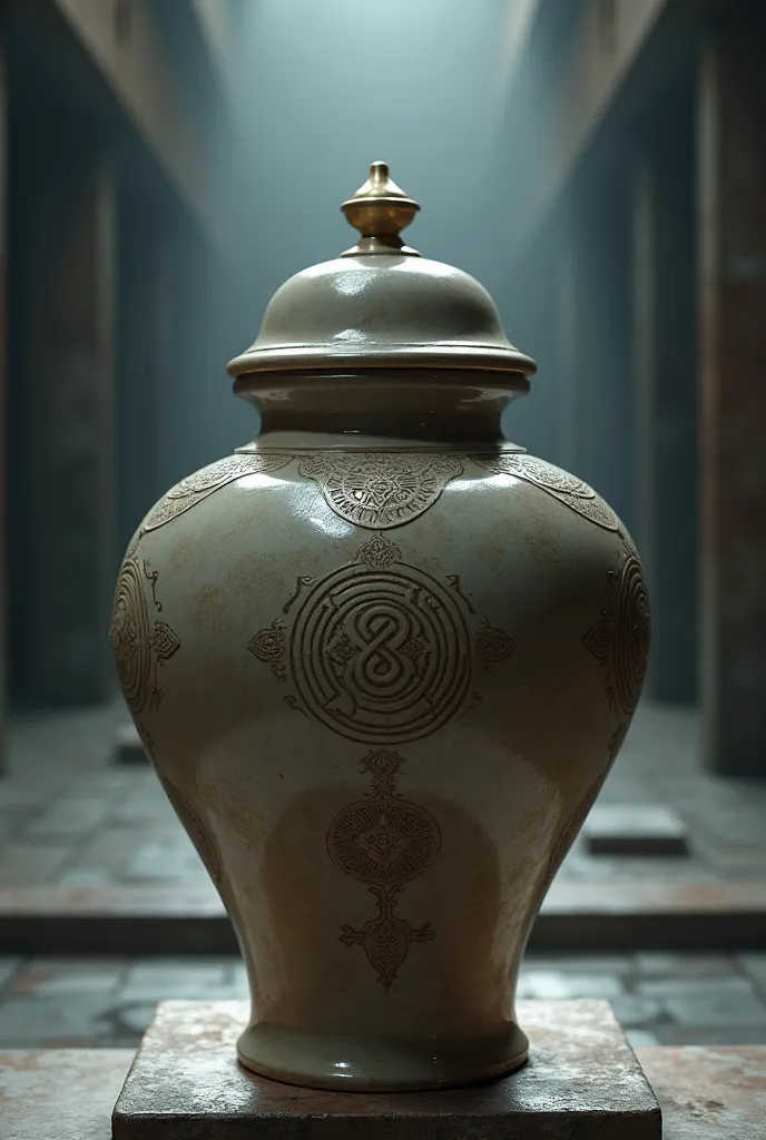 A funeral urn without a lid, with an infinite border that keeps showing when the urn lid is removed!