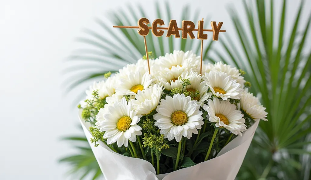 A large bouquet of white daisies, in white packaging, with a dark green ribbon. A skewer with the inscription “SCARLY” is stuck into the flowers. The text should be in 3D style. There is a lot of greenery and palm leaves in the background. The background s...