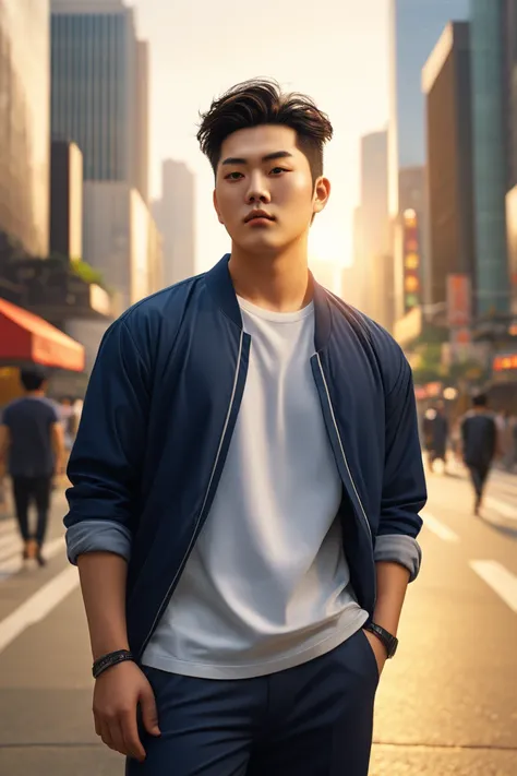 A young man with Japanese and Korean descendants. Big hair without bangs , fat body