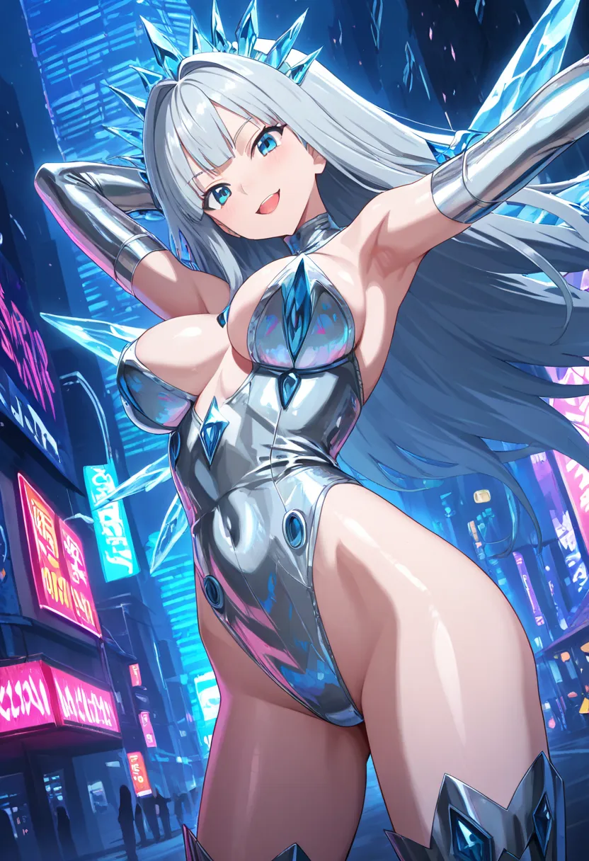 masterpiece, best quality, good quality, woman, delightful, grinning, beautiful face, ice and cybernetic long hair, ice and cybernetic Body, ice and cybernetic wings, ice and cybernetic tiara, ice and cybernetic funnel, cybernetic and highly detailed, ice ...