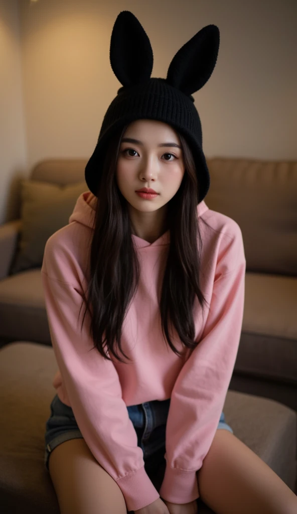 full body, a beautiful woman black a Korean face, long straight hair, wearing a black Rabbit style hat, wearing a pink hoodie, short jeans, sitting on a sofa chair in the living room with a pampered style, emitting a beautiful smile at night, looking at th...