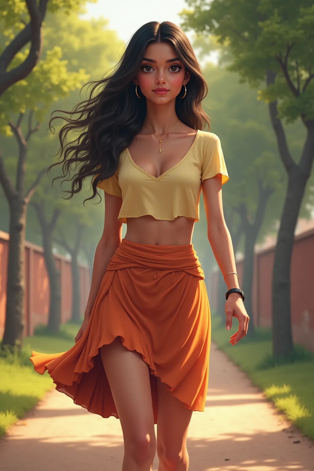 A beautiful fair sking indian school girl, wearing side cut skirt with deep cut t-shirt, going to school, flaunting her thighs and hips 