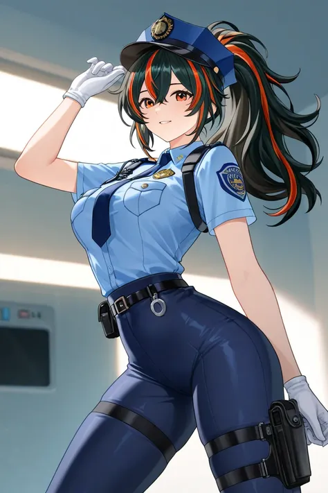 zhu yuan , 1 girl , Big face :3.5 , Police uniform ,  Tight Set  , sexy posture