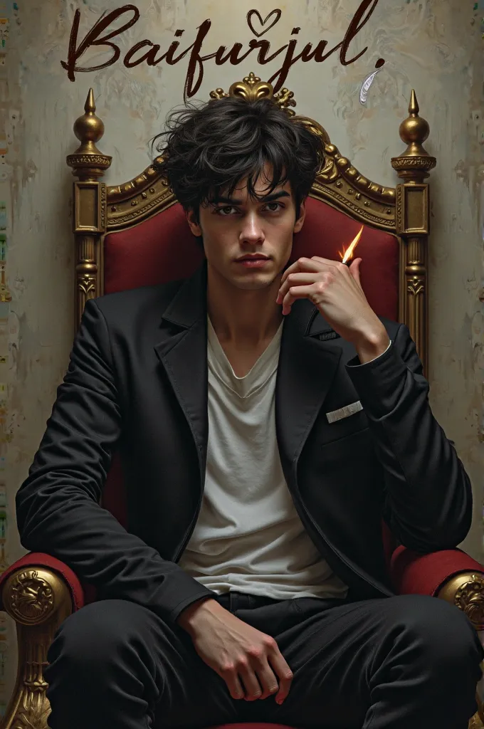 A boy named Hafijul is holding a cigarette in his hand sitting on a throne wearing black jacket  and behind is wall with written Hafijul in stylish writing with feather 