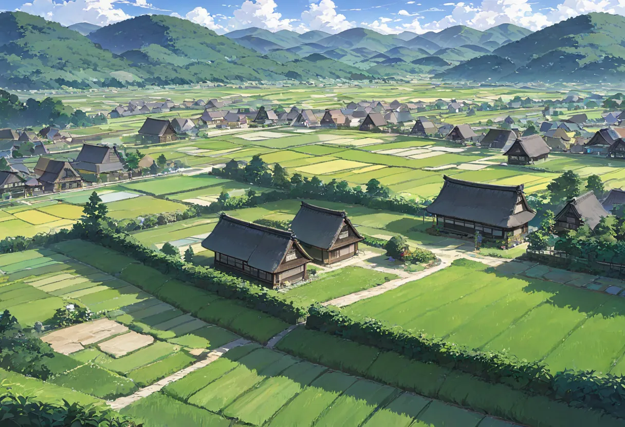 a few houses with thatched roofs、Lots of big fields、surrounded by mountains、 no people。(masterpiece),超High Resolution, attention to detail, high image quality , High Resolution, 最high image quality , 4K, 8k、