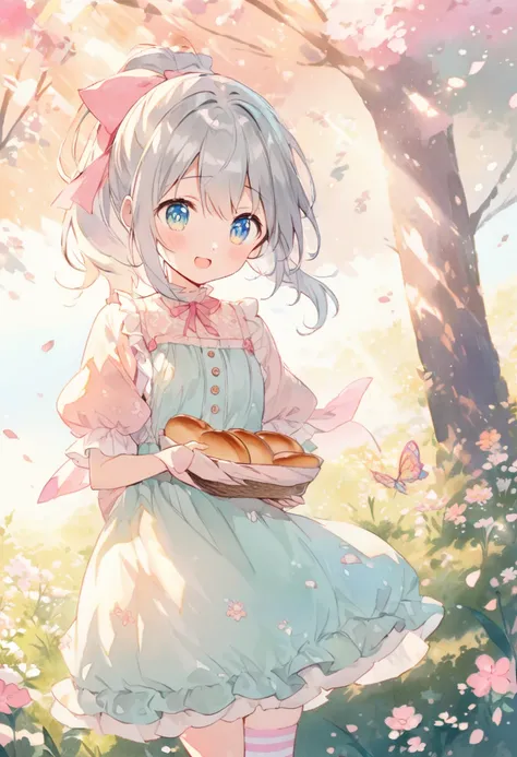 Cute Anime Girl, big, bright eyes ,,playful expression,Light Hair,2 loaves of bread,pink ribbon,Nice clothes,frill dress,Large puff sleeves,Fancy ribbon,ponytail,Striped socks,lace up boots,In a blooming garden,Bright flowers々,flying butterfly 々,Soft green...