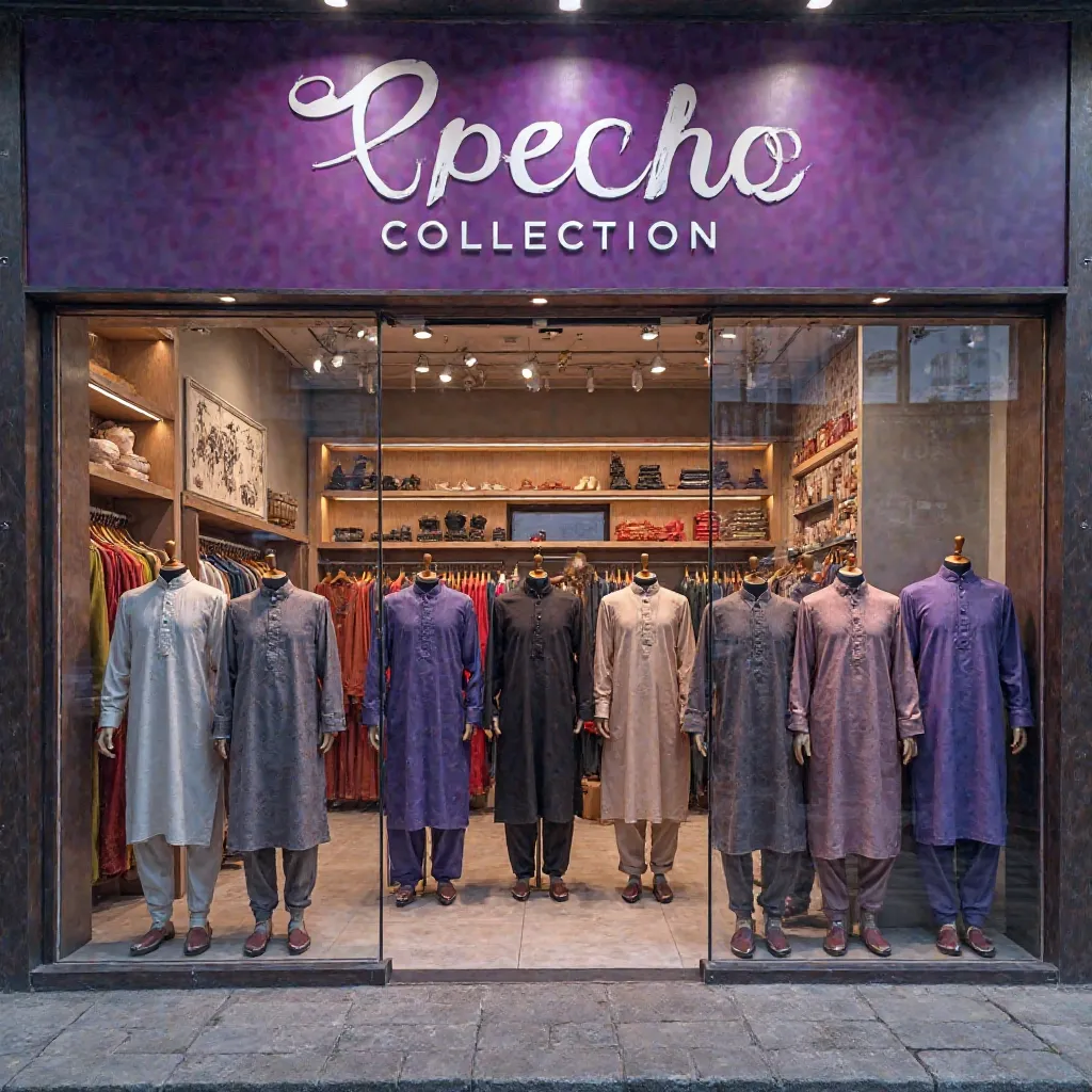 Some boys are in a Bangladeshi panjabi showroom they are purchases panjabi from Rabsho showroom. 
Eid special Collection written on the showroom. Display some panjabi. Colour grading is purple. Also written company name Rabsho on showroom 