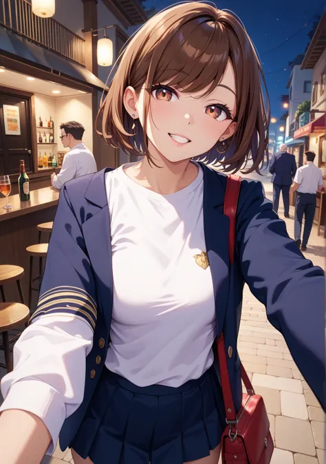 Selfie,nsfw,1 girl,1 man,short hair,straight hair that can't be seen from the outside ,brown hair,Brown Eyes,glamorous,swept bangs,white shirt, dark blue skirt, dark blue blazer,walk,bag,night,,fat old man,middle age man,Selfie,bar counter,outdoor