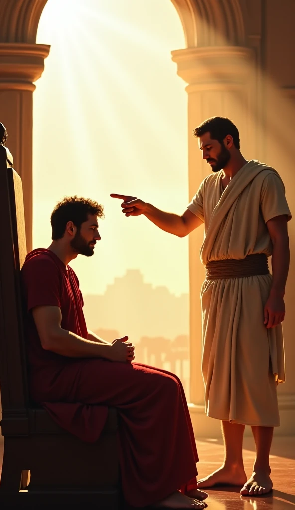 David sits on his throne, with his head bowed and an expression of shame and regret. Before him, Nathan, dressed in the simple clothes of a prophet, points an accusing finger directly at the king. His posture is firm, but his face expresses compassion and ...