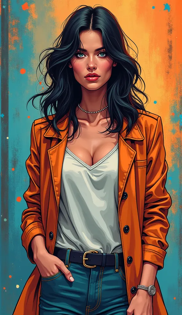 DISCREET image. with discreet casual clothes. image adult woman, american, JUST comic book style. with a neutral face. IMAGES WITH VIBRANT COLORS. colorful background