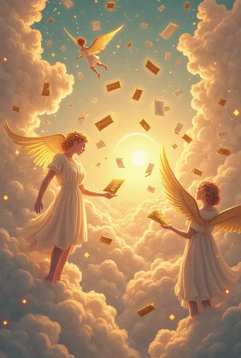 Prompt for 1st Panel (Establishing Shot – Cloud Bureau of Unspoken Feelings):

A grand celestial office floats above a sea of fluffy clouds, bathed in a soft golden glow. Elegant angels with radiant wings gracefully process glowing love letters that drift ...