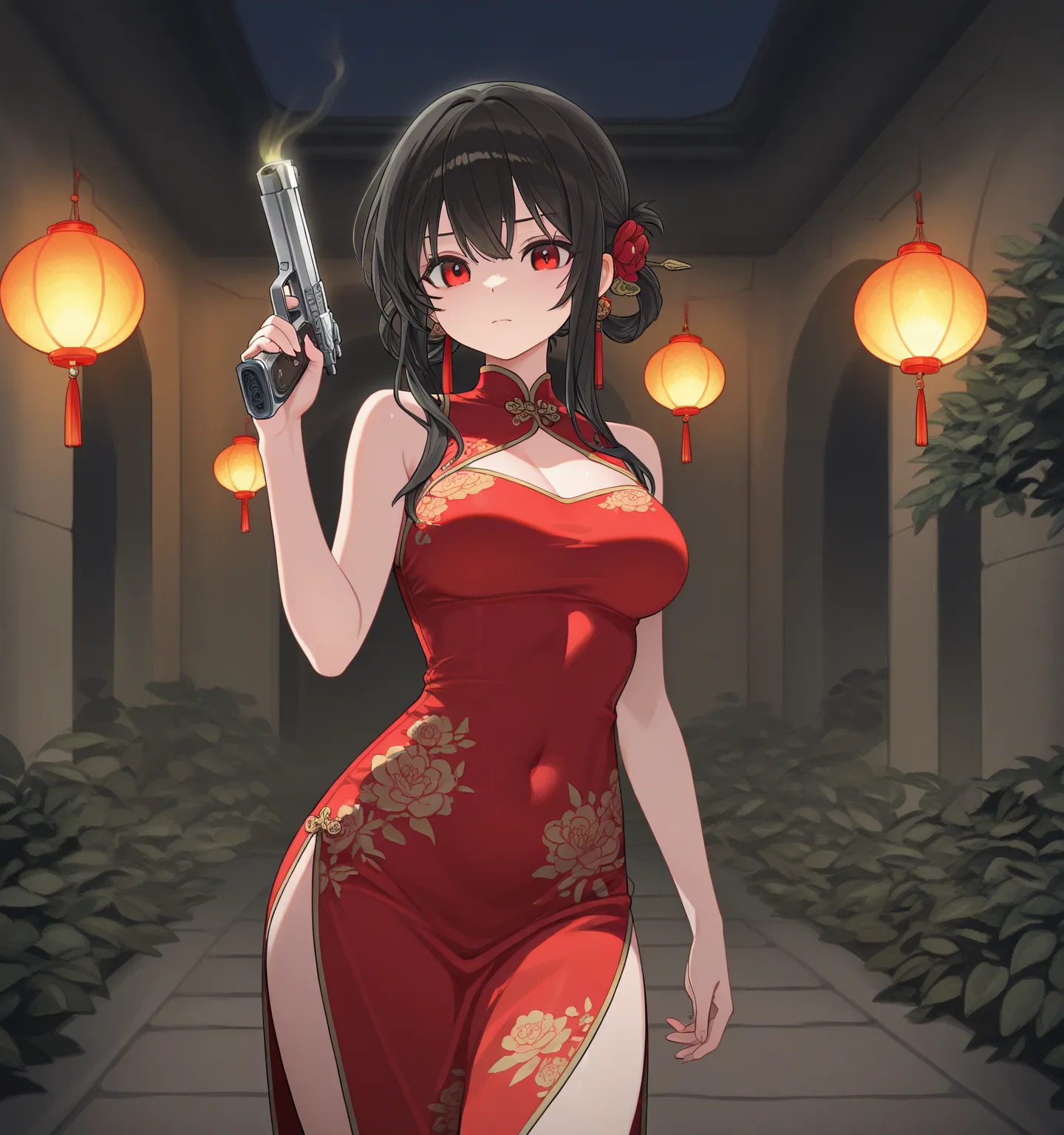  medium breasts　China Dress　gun