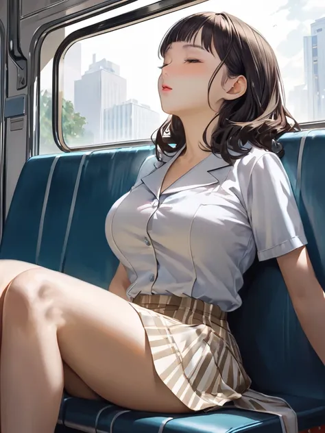 High Resolution, A 25-year-old woman, cream hair with full bangs, medium hair, big breasts, , realism,cream high heels、mini skirt with full bangs
 anatomically correct,
 the back seat of the bus, He sleeps deeply、With head leaned back、I was sitting heavily...