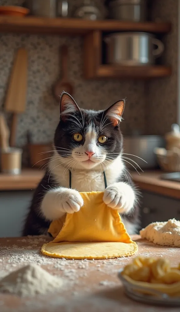 An adorable black and white cat, with a cute, round body, wears a small kitchen apron while preparing homemade pasta. He is in a cozy kitchen, holding the stretched dough with his paws, looking focused and determined. The scene is illuminated with a warm l...