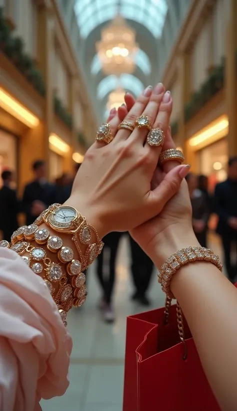 A first person perspective of someone, only her hands are visible, she has rings on her fingers and expensive bracelets, her view is from inside a designer shopping mall, she is holding bags