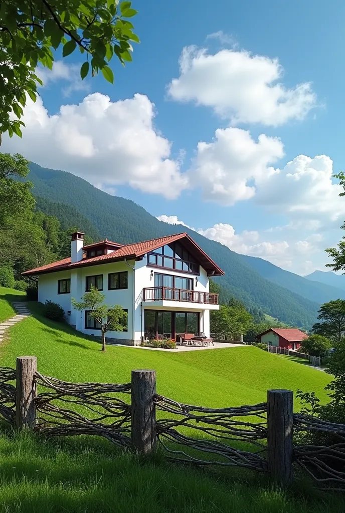 "A luxurious two-story countryside villa nestled at the foot of a lush green mountain under a bright blue sky with scattered white clouds. The house features a modern yet traditional architectural design, with a pristine white exterior, red-tiled roof, and...