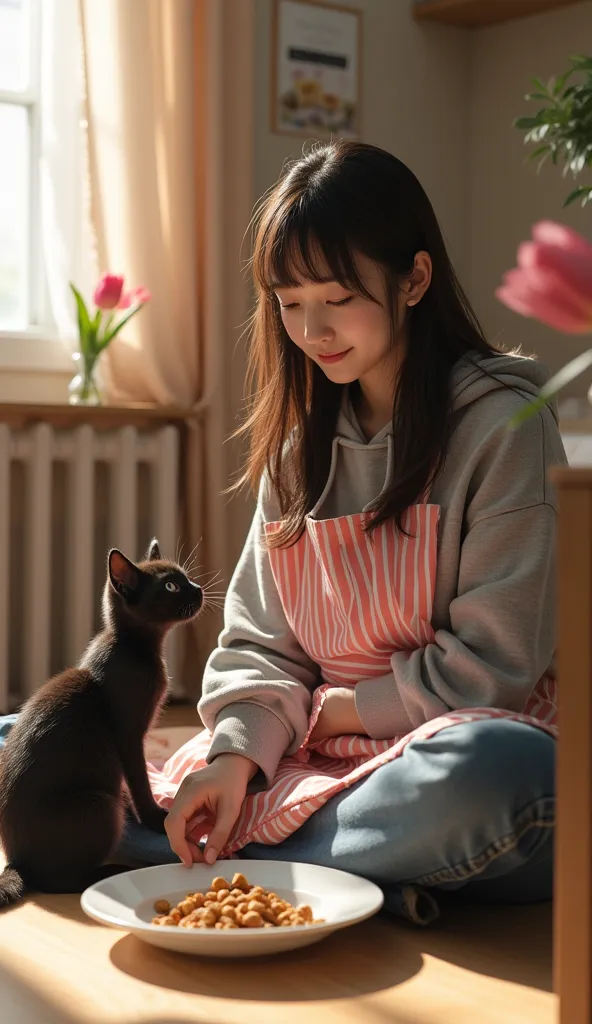 super realistic, photorealistic, dramatic scene, shadow, Global Illumination, 1 girl\( a beautiful 20-year-old Japanese girl, Beautiful Japanese girl with a cute face , wearing a light pink apron with vertical stripes on a gray hoodie, Jeans Pants, long ha...