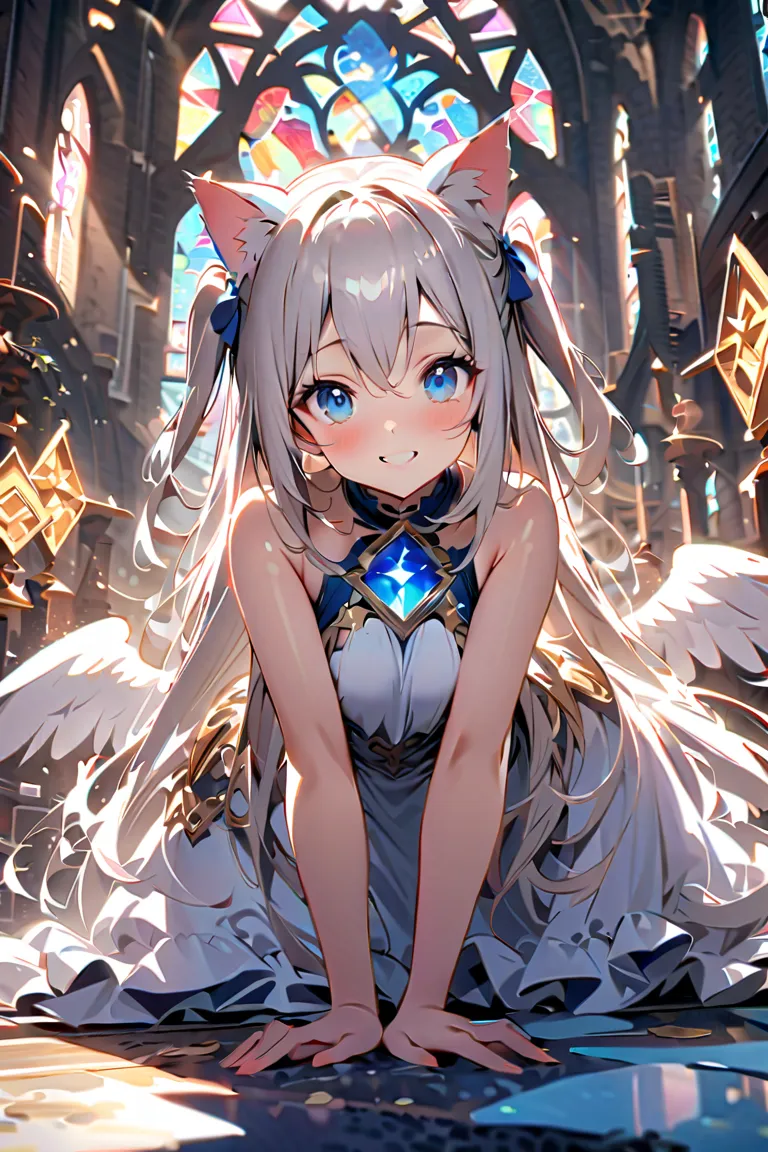  front view、standing up picture、
天使の女の子が教会に standing on stomach、
1 girl crouching, standing on stomach、smile、 long hair,  Gold, two side up, 6 white wings、blue eyes,  circle of angels in dark, Cat ears, cute face、White Dress、
 photos、
High Resolution, mast...