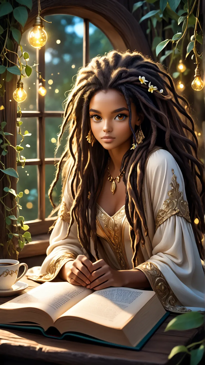 A young Brazilian black model of rare beauty; perfect and harmonious rectangular face; soft chocolat brown skin, slightly tanned; long blackest rastafarian dreadlock cut hair, elegantly disheveled; intense and expressive coffee brown dark eyes;thin and del...