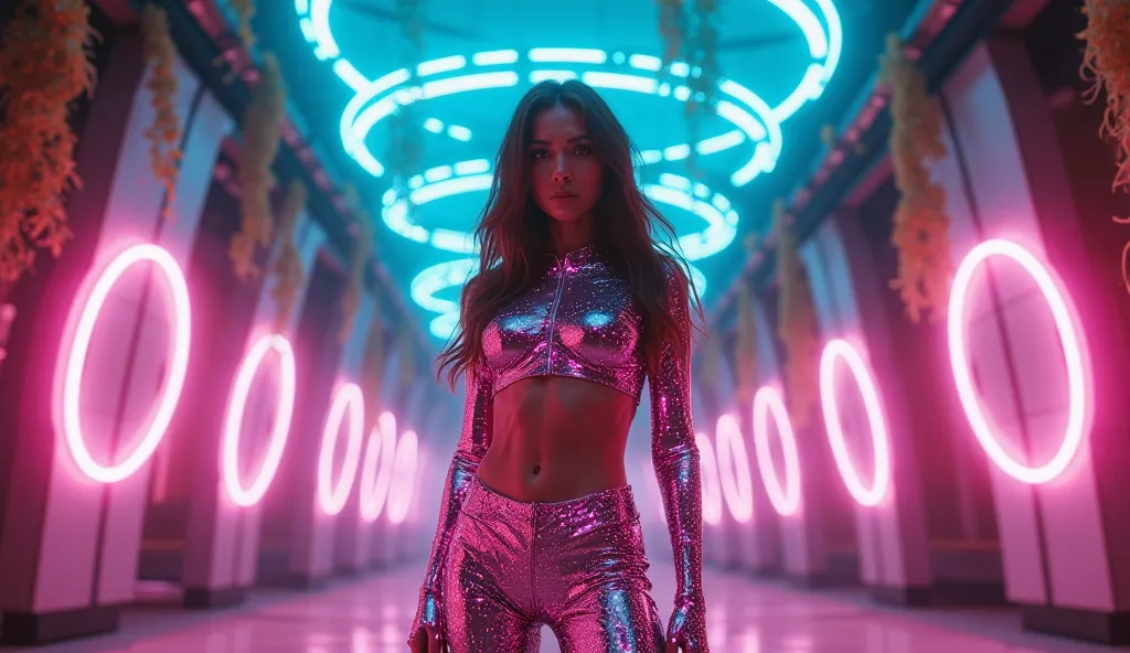 A futuristic cybernetic woman stands confidently in the center of a vast, neon-lit chamber, illuminated by glowing rings of light overhead. She wears a sleek, high-tech outfit made of a shimmering, semi-transparent fabric embedded with glowing magenta and ...