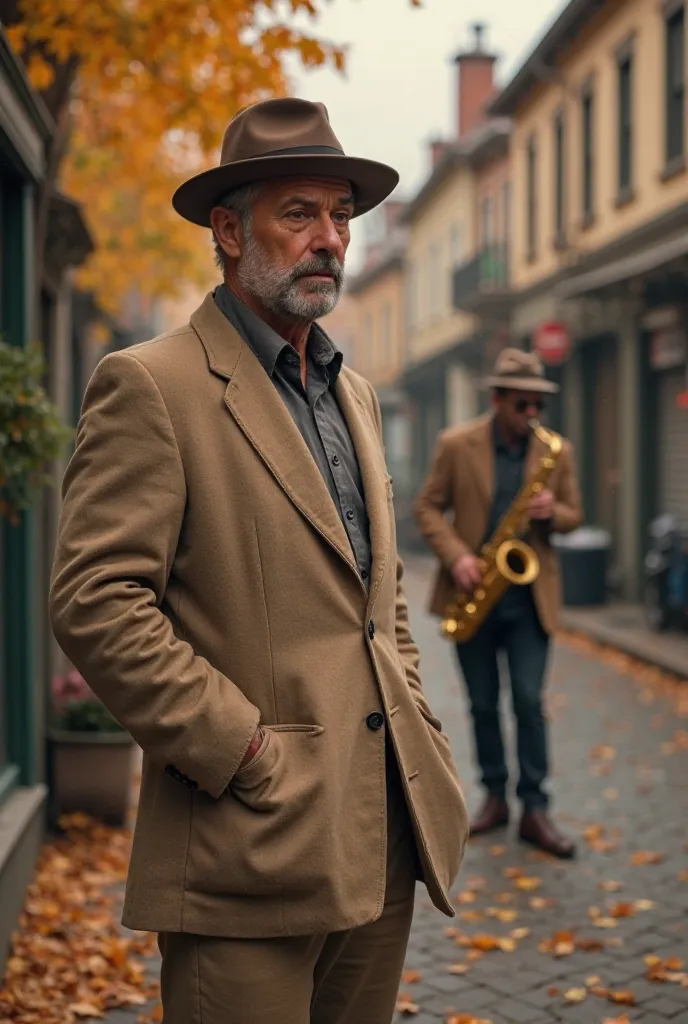 A slightly unshaven man stands in a brown hat and a beige classic suit in autumn town. A street musician plays saxophone behind him