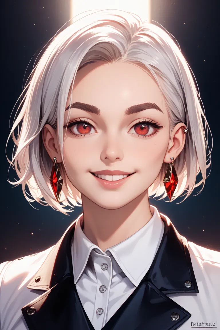 red eyes、Short Hair、white hair、On eyebrows、big earrings、white shirt、 Smile、Creepy