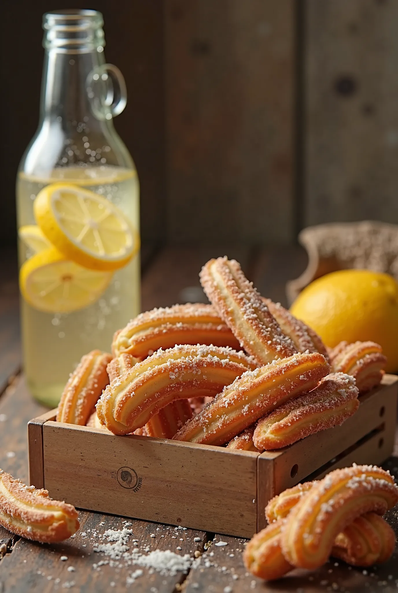 Generate a video of churros in a box with a blue lemonade in a bottle with lemon inside