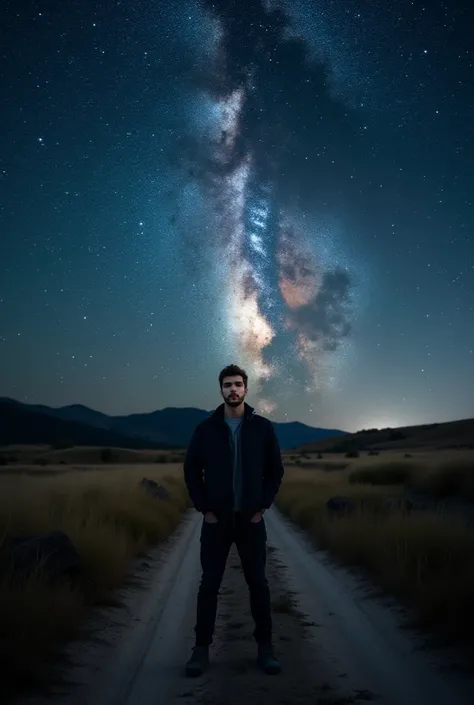 Men Attached Looking at the camera. Night view. Standing on a dirt road. The sky above is a stunning display of the Milky Way galaxy, with countless stars scattered across the vast expanse. The Milky Way forms a glowing band. The background features rollin...