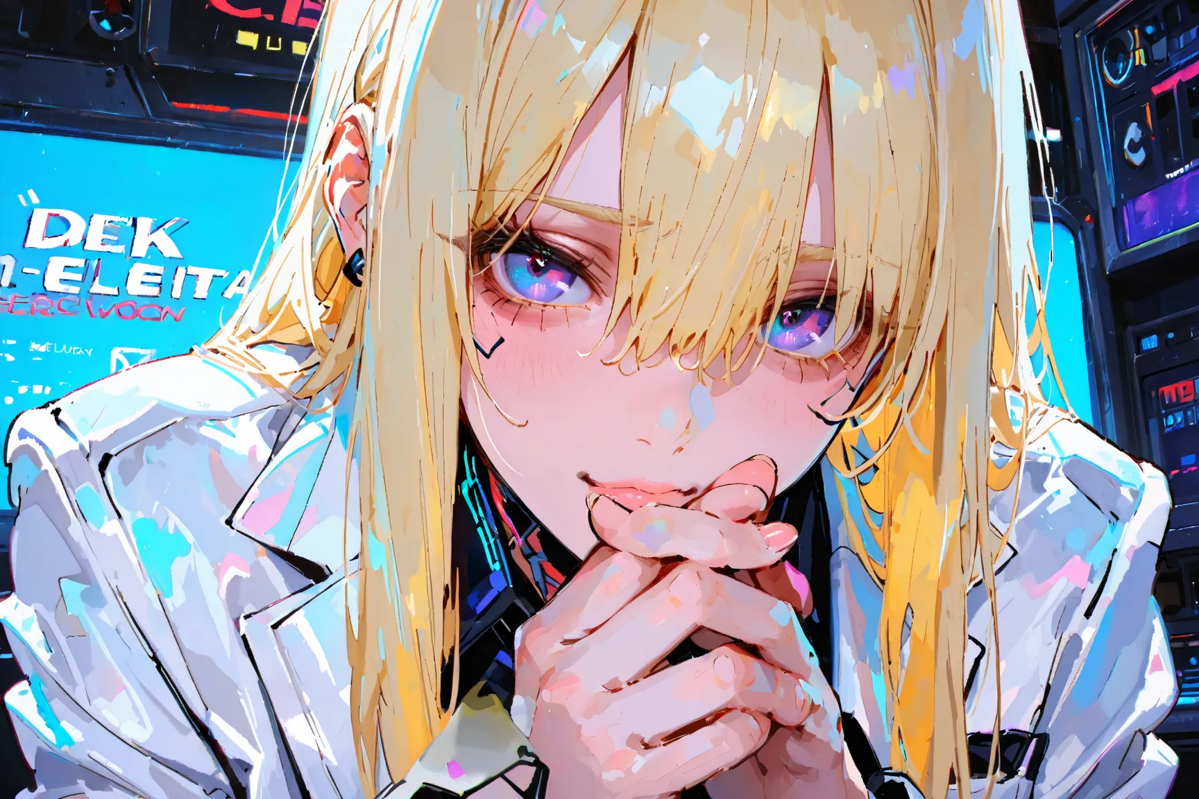 ((best quality)), ((masterpiece)), (detailed), perfect face Woman, purple eyes, with straight long blonde hair, hair inbetween eyes, cyberpunk nightclub, djs in background, 1boy, blonde hair, blue eyes, white suit, talking together.
