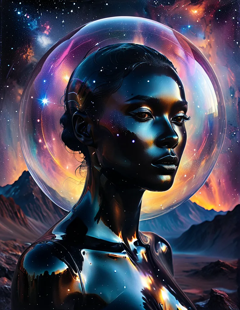 Ultra realistic Futuristic surreal portrait of a humanoid figure with a sleek, black liquid-like body. The head is encased in a glossy, translucent dome filled with a cosmic landscape, including stars, nebulae, and dark, jagged mountains with iridescent ed...