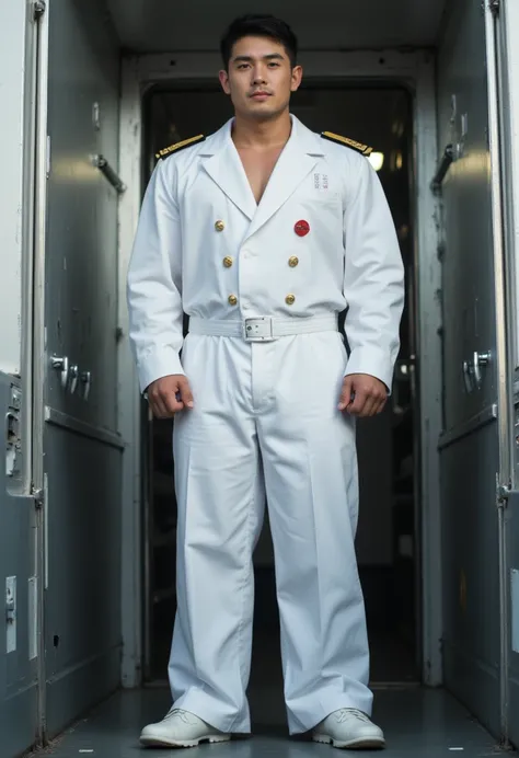 japanese man in a white uniform inside a navy ship, white uniform, full dress uniform, full uniform, officers uniform, wearing military uniform, military uniform, wearing a military uniform, General's uniform,  loose coat collar sailor uniform, military pi...