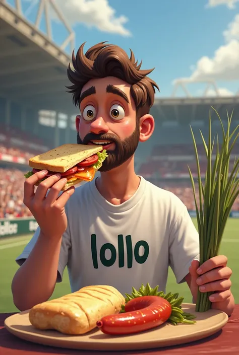 A peeled sandwich outside the stadium, with a salamella in his hand, a t-shirt with LOLLO written on it and in the other hand he holds a rod of grass